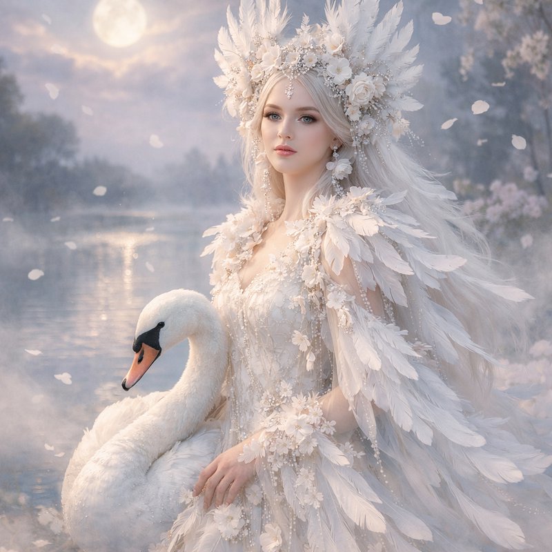 Ethereal woman in a white feather gown with floral headdress beside a swan by a moonlit lake