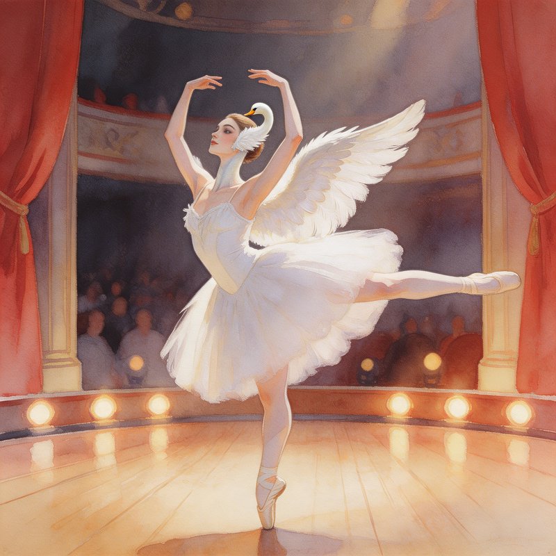 Ballet dancer in a white swan tutu on stage with wings, en pointe.