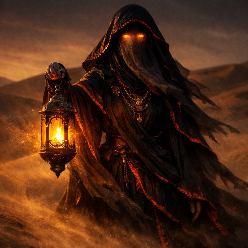 Hooded desert figure holding a glowing lantern with glowing eyes behind a veil