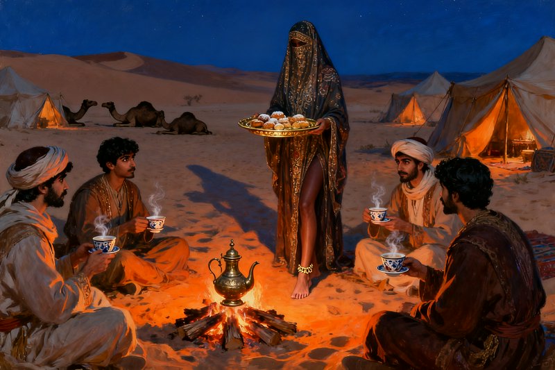 Veiled woman serving a tray of pastries around a desert campfire with men in traditional robes.