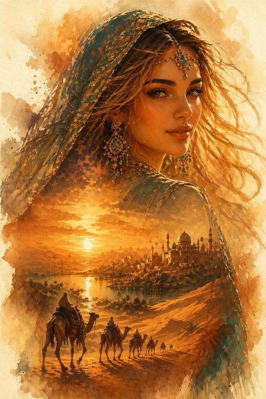 Portrait of a woman in a jeweled veil over a desert caravan and distant city at sunset.