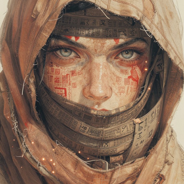 Woman with hood wearing layered parchment-like bands and face tattoos of ancient scripts.