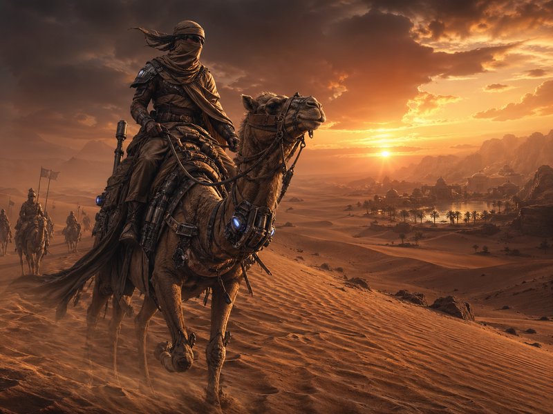 Desert camel rider in armor at sunset, riding across sweeping dunes.