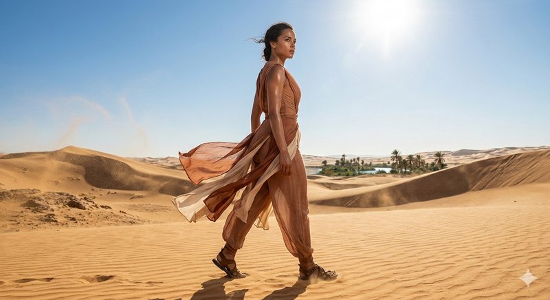 Woman in flowing brown dress walking across sunlit desert dunes with palm oasis in distance