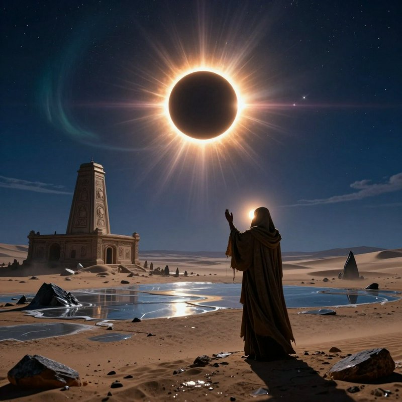 A robed figure in a desert at night gestures toward a solar eclipse with a radiant corona over an...