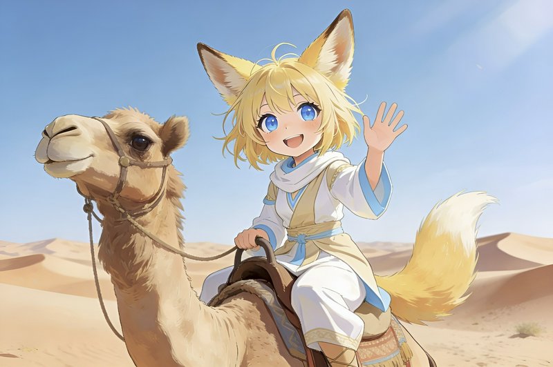 Cute anime child with fox ears riding a camel in a desert with a blue sky.