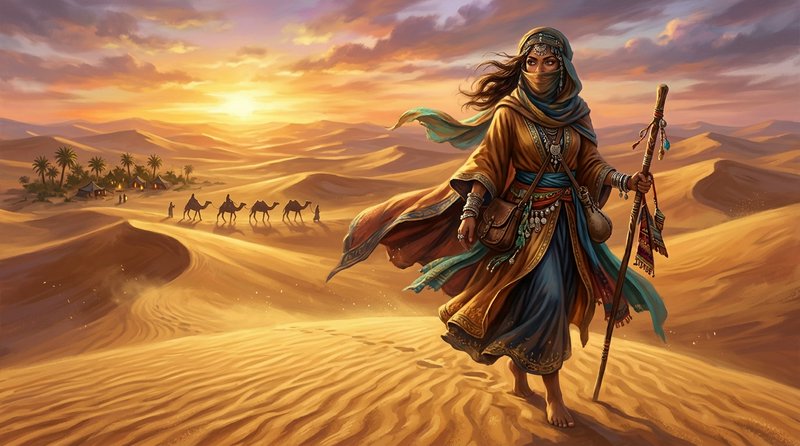 Desert nomad woman in colorful robes with a staff walking among dunes at sunset
