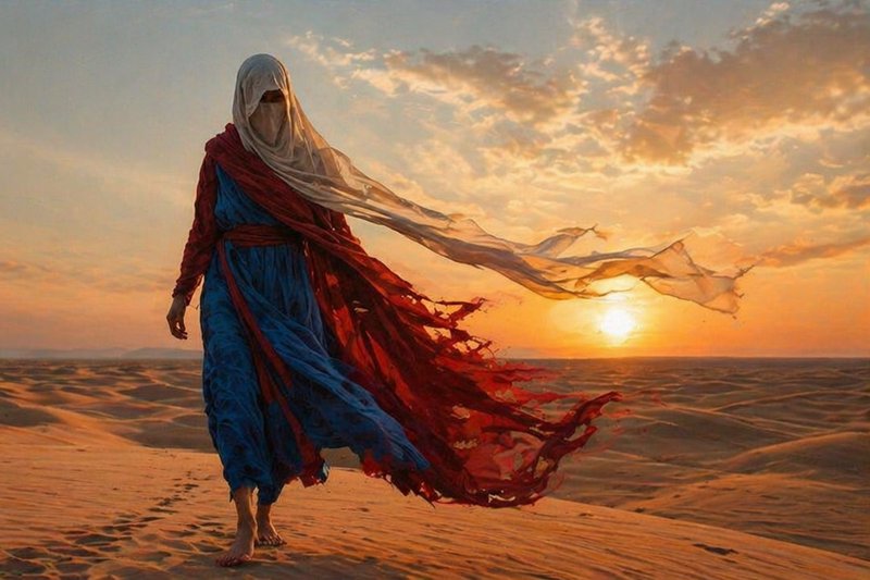 Woman in blue and red flowing desert robes walks on sand dunes at sunset with scarf billowing in ...