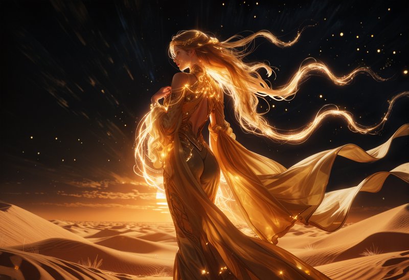 Elegant woman in a golden flowing gown stands in desert dunes at sunset with glowing light trails...
