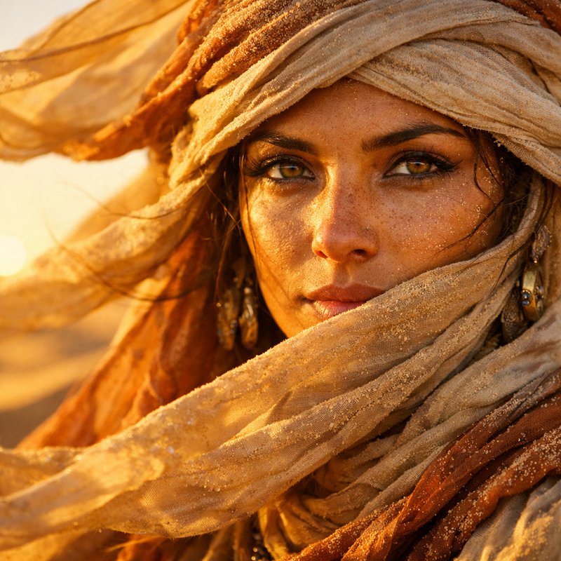 Close-up portrait of a woman with a sandy scarf wrapped around her head in warm desert light
