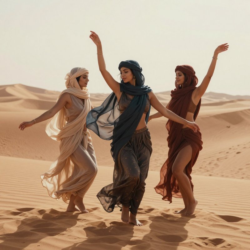Three women dancing in flowing, semi-sheer garments on golden desert dunes.