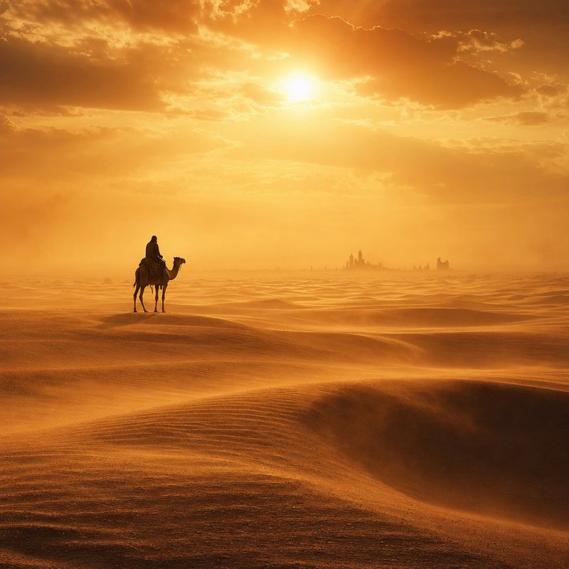 Traveler on camel in orange desert dunes at sunset with distant city skyline silhouette