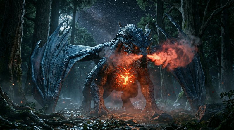 Fire-breathing dragon in a dark forest, glowing molten chest and blue-gray scales.