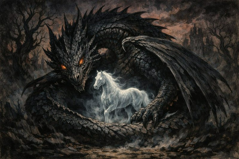Dark dragon coiled around a luminous white horse in a misty, eerie landscape.