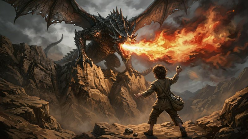Young adventurer confronts a roaring dragon breathing fire on rugged rocky cliffs.