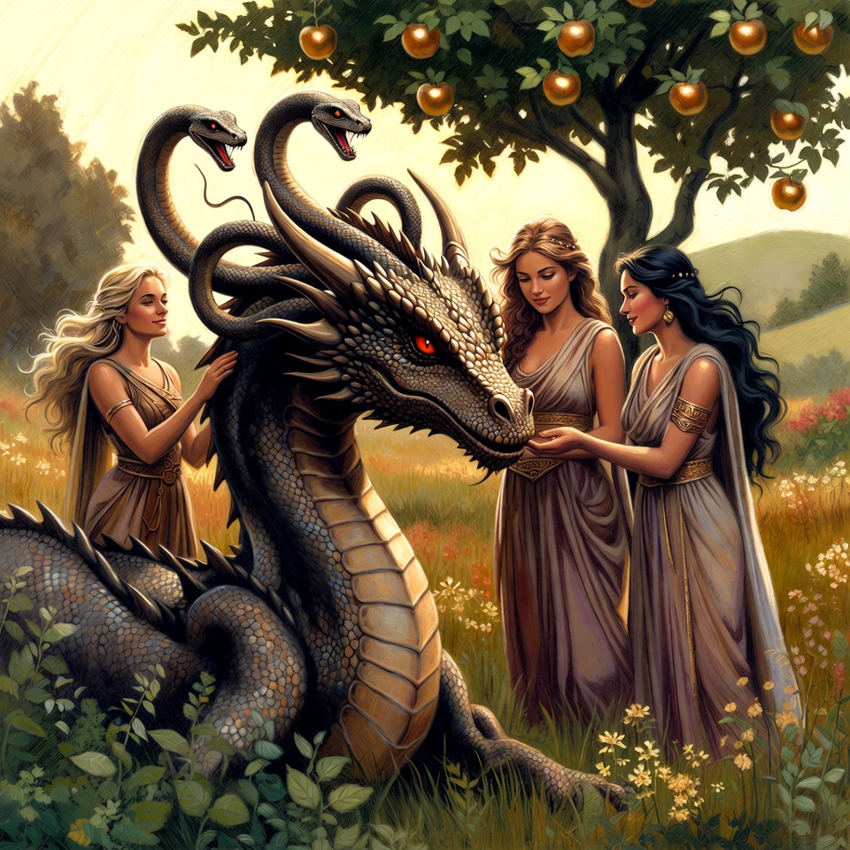 Dragon with three women in flowing robes in an apple orchard.