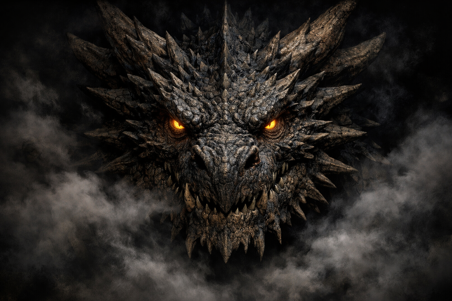 Menacing dragon head with jagged scales emerging from dark smoke and glowing orange eyes.
