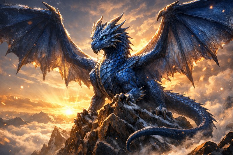 Blue-scaled dragon perched on a jagged rock peak with wings spread against a fiery sunset sky.