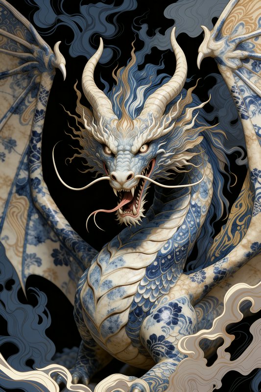 Detailed blue-and-white dragon with ornate scales and flames against a black background