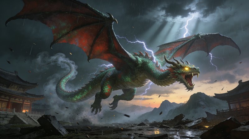A fierce green dragon with glowing eyes soars over ruined temples during a storm with lightning.