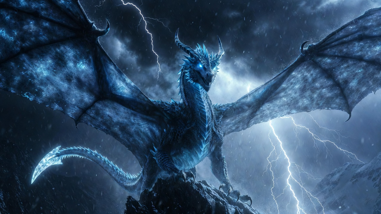 Blue dragon perched on a rocky cliff under a stormy sky with lightning.