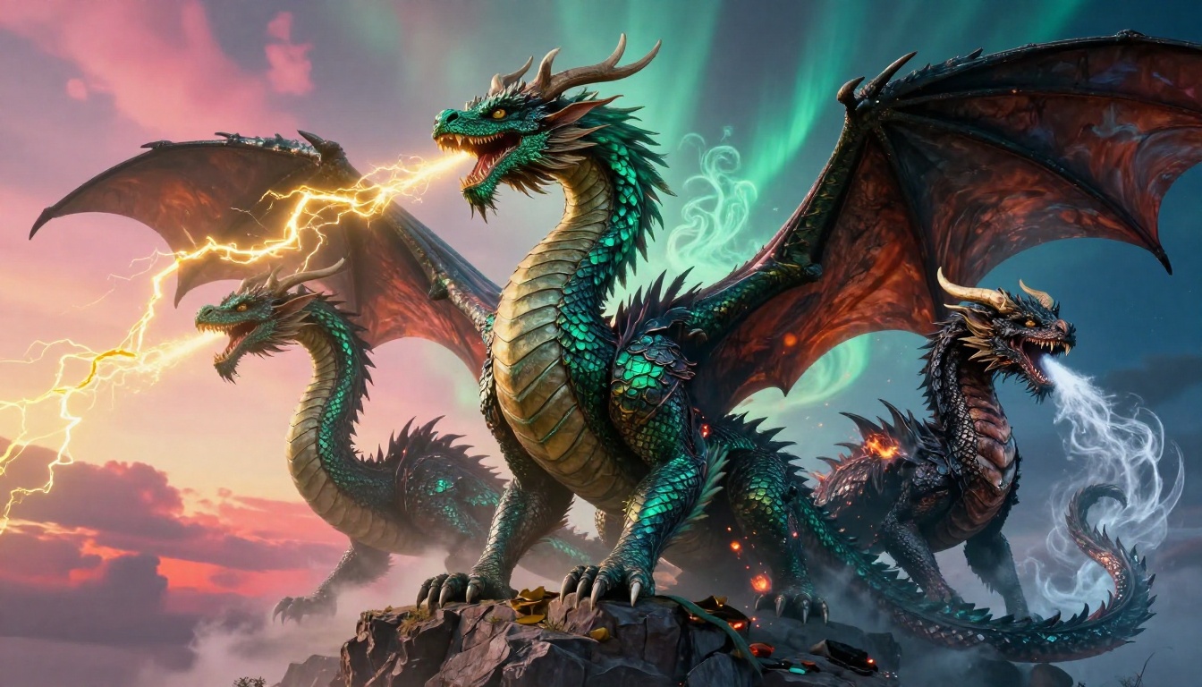 Tri-headed emerald dragon on a rocky cliff unleashing lightning and frost under an aurora sky.