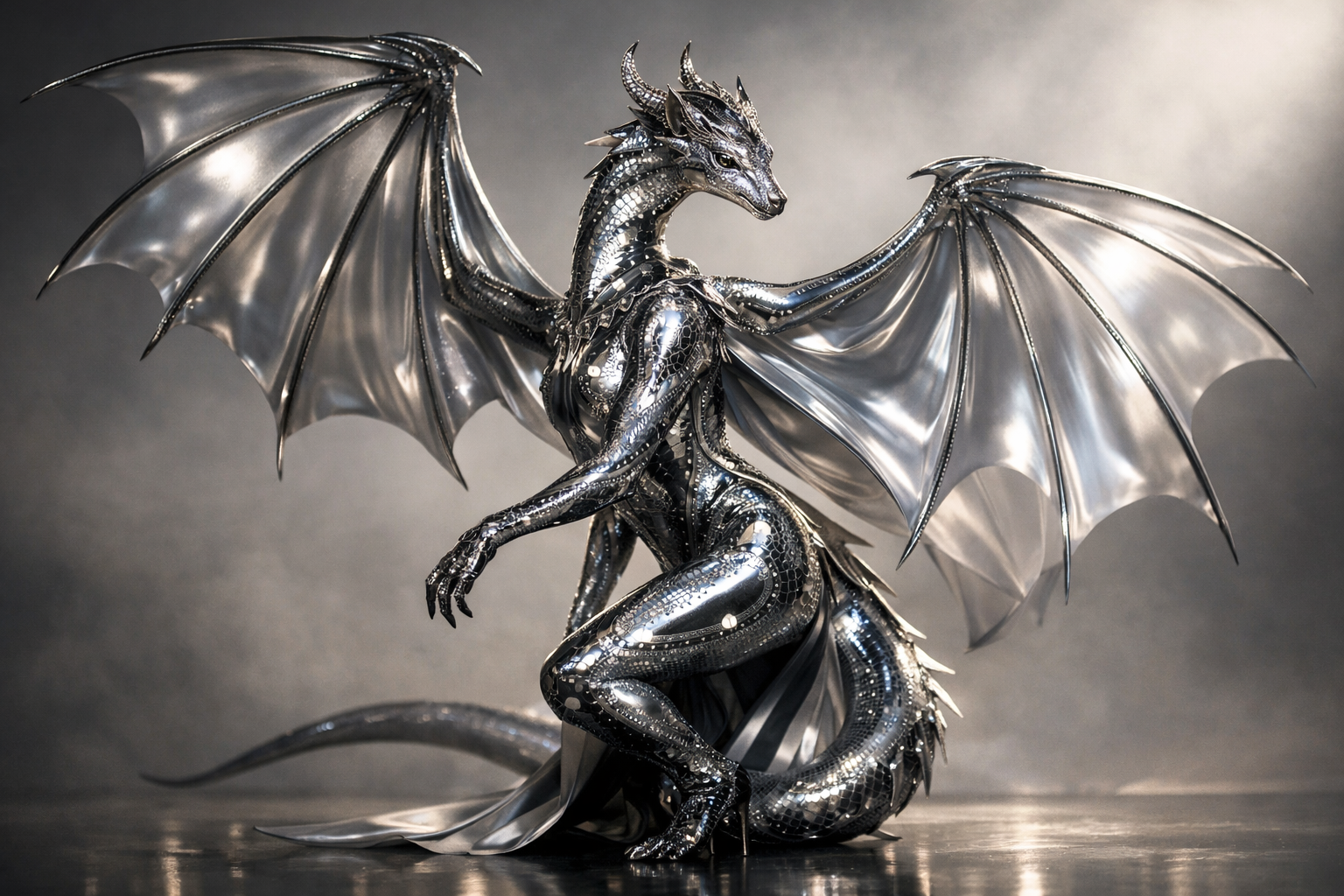 Shiny silver dragon with large bat-like wings perched on a reflective surface.