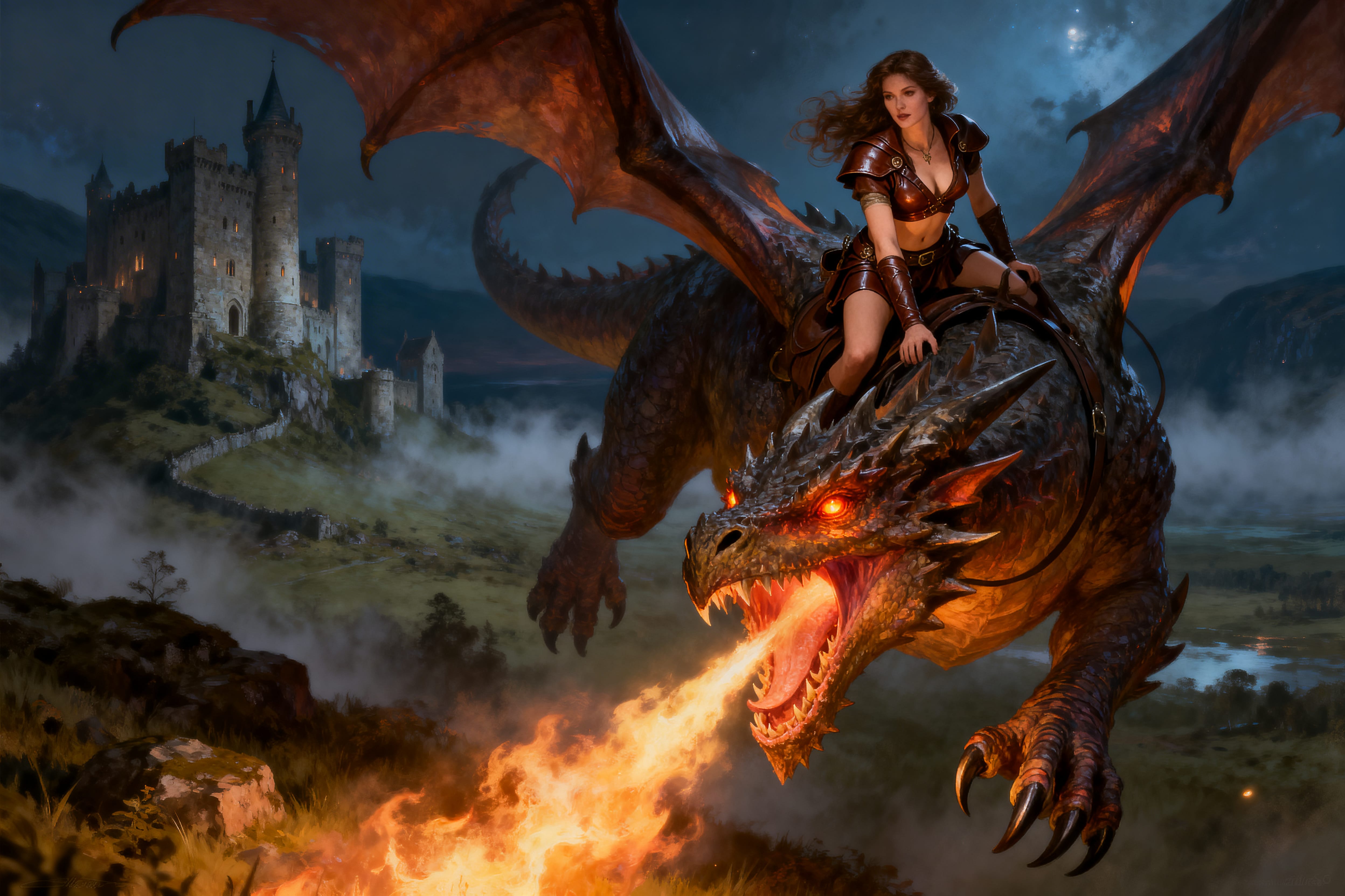 Armored female rider on a fiery dragon over a medieval castle at night.