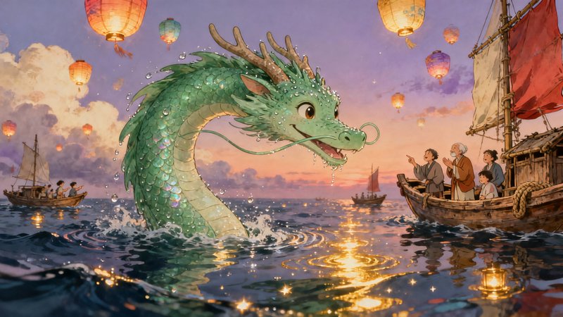 Green dragon rises from the sea at sunset during a lantern festival.