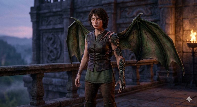 Woman with large green dragon wings on an ancient stone balcony at dusk.