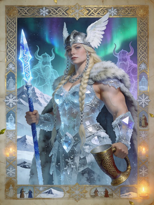 Frost queen in crystal armor with glowing ice sword and ornate mug, set against aurora and icy mo...