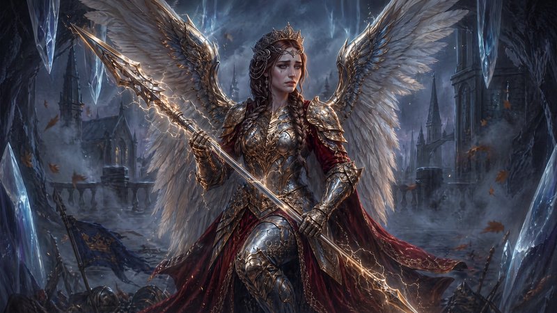 Fantasy armored warrior angel with large wings wielding a spear in icy ruins.