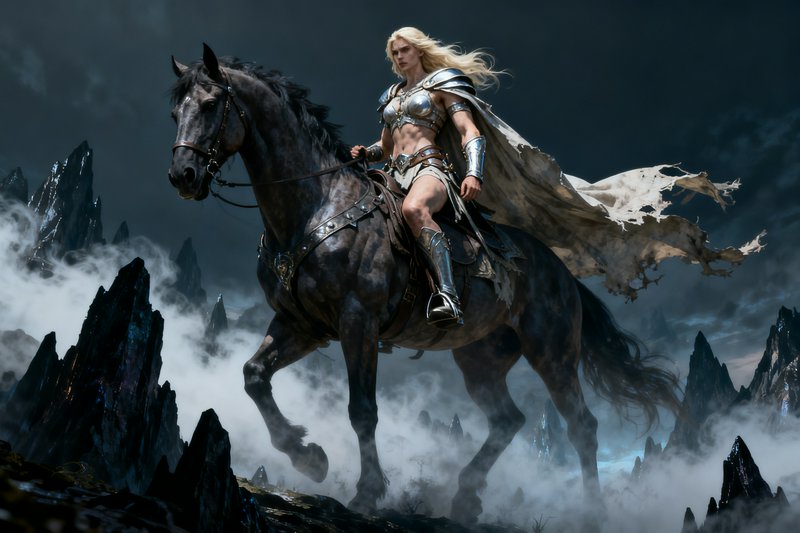 Armored female warrior riding a black horse through misty jagged mountains.