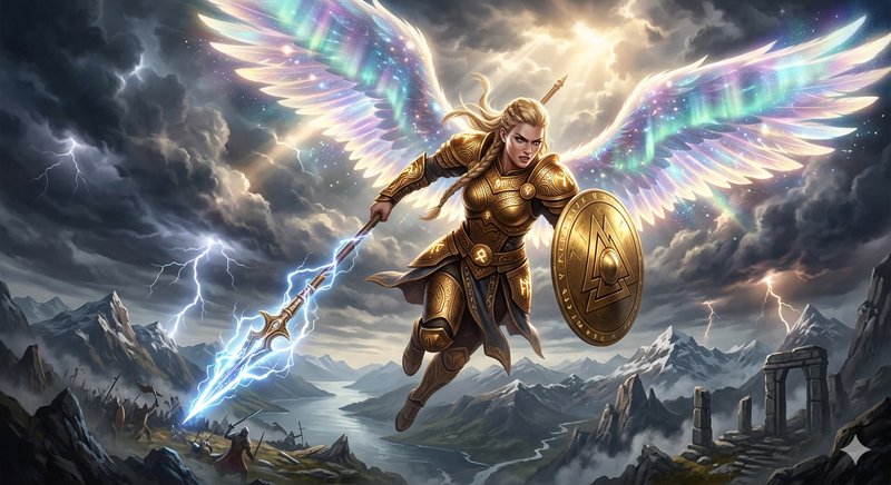 Angelic warrior with rainbow wings in golden armor, wielding a glowing sword and shield, soaring ...