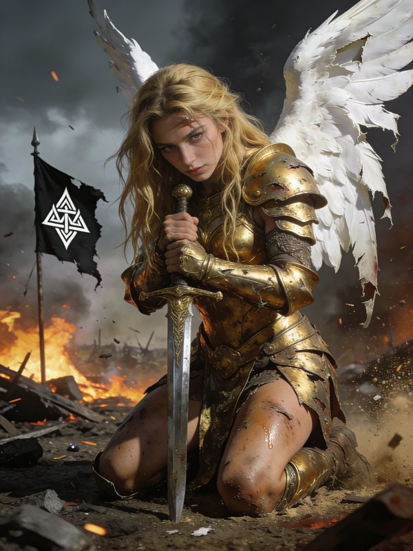 Angelic warrior woman in golden armor kneels with a sword amid a fiery battlefield.