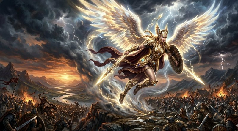 Armored female winged warrior flying above a chaotic battlefield with sword and shield.