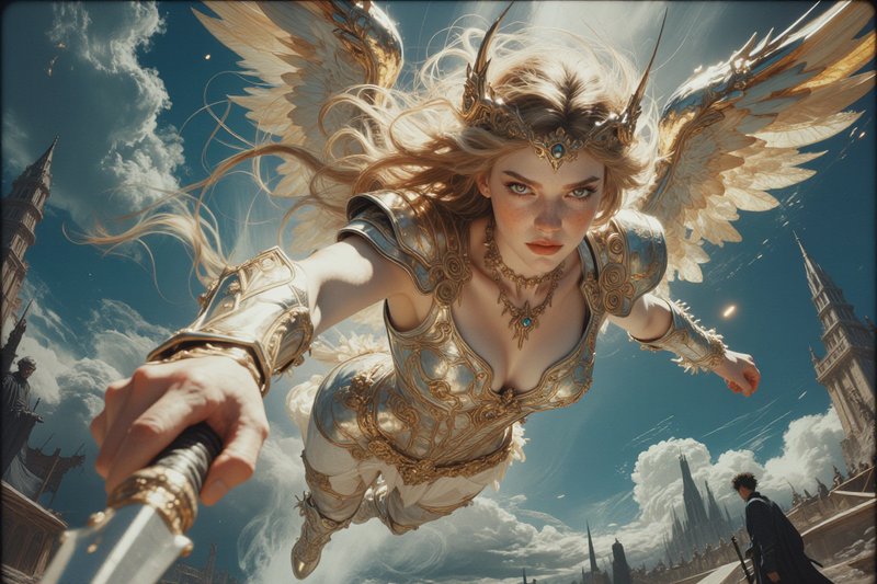 A winged female warrior in ornate gold armor soars toward the viewer above a skyline.