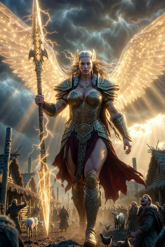 Winged armored warrior woman with glowing gold wings, spear, and stormy battlefield scene.