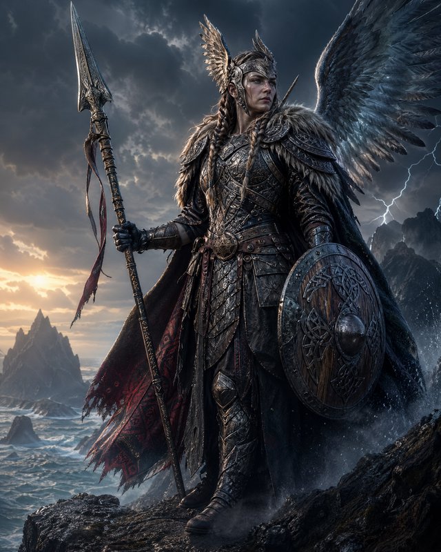 Winged armored warrior in dark metal armor with spear and round shield on rocky coast.
