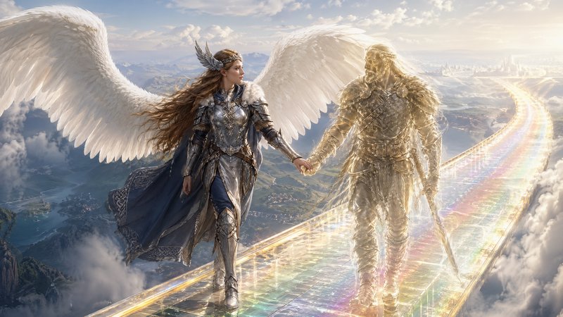 Two winged figures, a armored female angel and a glowing winged companion, walk hand-in-hand on a...