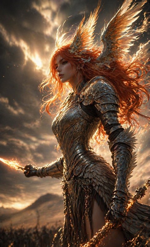 Fire-haired armored winged warrior in shimmering metallic armor against a glowing sunset