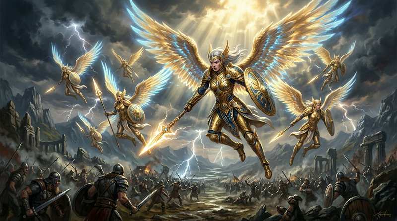 Armored winged angels in golden armor soar above a stormy battlefield with swords and shields.