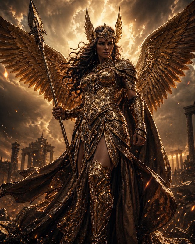 Golden armored winged warrior goddess with spear amid a fiery battlefield.