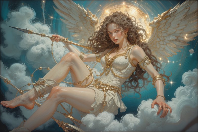 Fantasy angel warrior with golden armor and large white wings perched among clouds.
