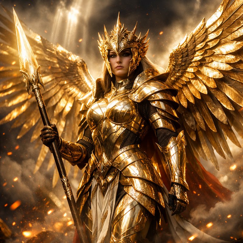 Golden-winged angel warrior in ornate armor wielding a spear, bathed in fiery light.