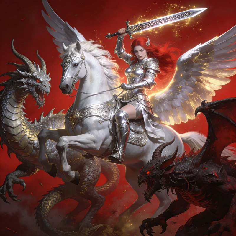 Armored female warrior with wings rides a white horse, wielding a glowing sword amid dragons.