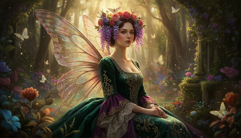 Elegant fairy with a floral crown and iridescent wings in a sunlit forest garden.