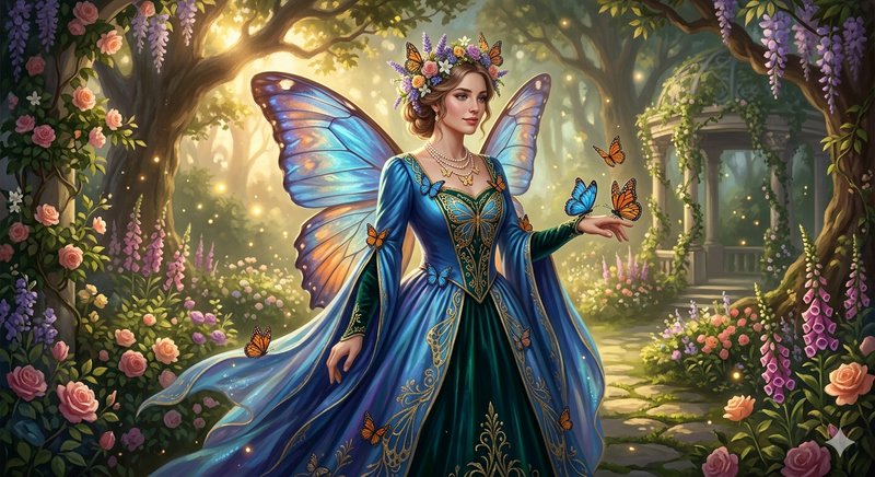 Fantasy fairy with blue ornate gown and butterfly wings in a lush blooming garden.