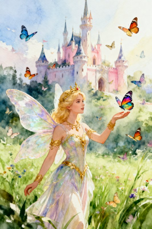 Fairy princess with iridescent wings in a meadow near a pink castle, butterflies fluttering around.