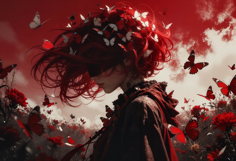Profile of a person with red hair and a butterfly crown among red flowers